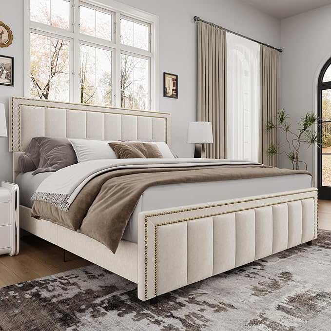 BarnFurin King Size Size Bed Frame with 50" Tall Headboard and Footboard, Chenille Upholstered Platform Bed, Vertical Channel Tufting with Nailhead Trim, No Box Spring Needed, Easy Assembly, Beige