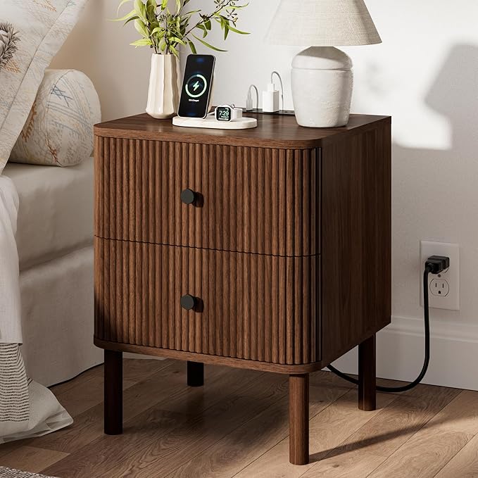 Night Stand with Charging Station, 18" Fluted Nighstand with Rounded Corners & Solid Wood Legs, 2 Drawers End Table with Storage, Mid Century Modern Bedside Table for Bedroom, Walnut