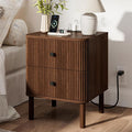 Night Stand with Charging Station, 18" Fluted Nighstand with Rounded Corners & Solid Wood Legs, 2 Drawers End Table with Storage, Mid Century Modern Bedside Table for Bedroom, Walnut
