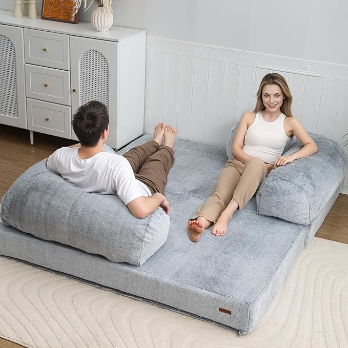 COMAX Folding Sofa Bed Queen, Foldable Couch Bed, Fold Out Futon Chair Sleeper for Adults, Convertible Floor Mattress Sofa for Bedrooom Living Room, Snow Light Grey