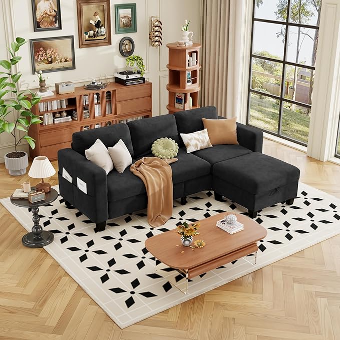 ZeeFu Sectional and Sofa Couches for Living Room - 78'' 3 Seater L-Shaped Modular Couch with Storage Ottoman - Modern Velevt Fabric Upholstered Sofa Set for Small Space Apartment Office