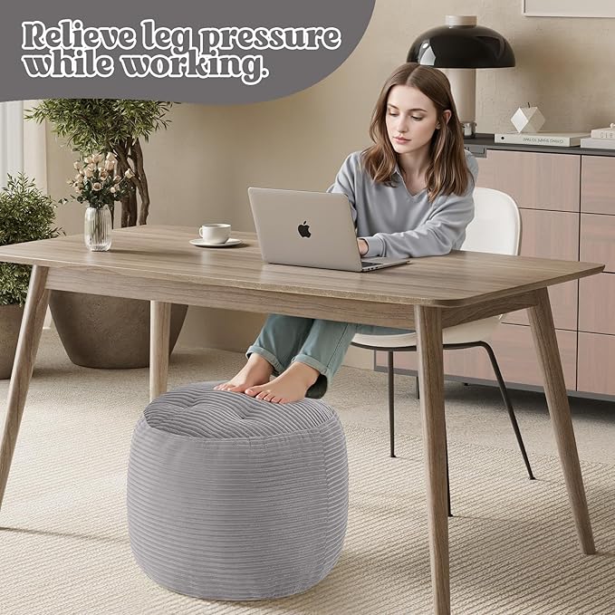 MeMoreCool Stuffed Round Pouf Ottoman Foot Rest, Floor Pouf Foot Stool with Soft Foam Chunk Filling, Round Small Ottoman Footstool Circle Footrest for Couch Living Room, Corduroy Grey
