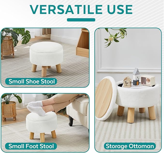 FIMIVIBI Small Foot Stool Ottoman with Storage, Soft Faux Fur Ottoman Foot Rest for Couch, Round Footstool with Storage, Small Ottomans and Footstools for Living Room and Entryway (White)