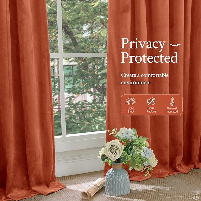 LAMIT Terracotta Velvet Curtains for Living Room, 96 Inch Thermal Insulated Noise Reducing Panels Rustic Vintage Room Darkening Drapes with Back Tab and Rod Pocket, 2 Panels, 52 x 96 Inch