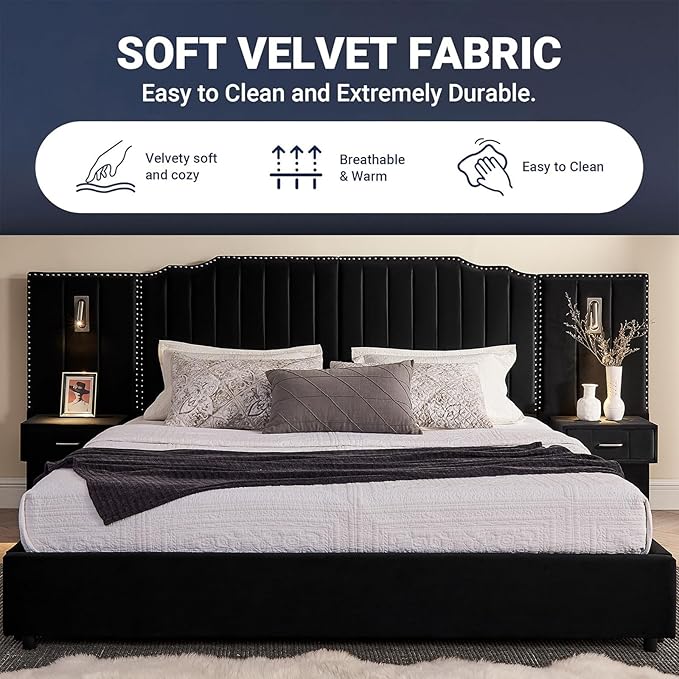 King Size Bed Frame with Storage, Luxury King Platform Bed Frame with Headboard, Velvet Fabric Upholstered Bedframe with LED Lights, Solid Frame & Bedside Table, No Box Spring Needed, Black