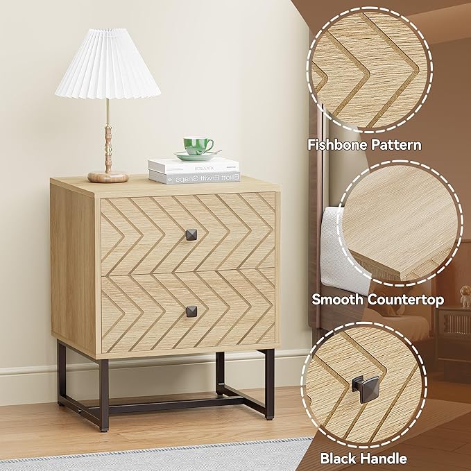 Modern Nightstand with Two Storable Drawers,Sturdy Bedside Table Space-Saving Night Stand with Black Metal Legs for Bedroom,Oak