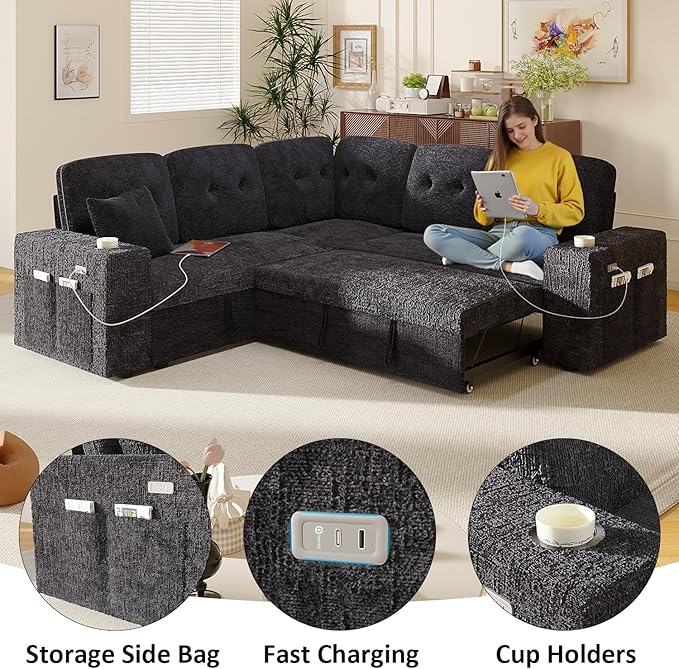 Modular Sectional Sleeper Sofa with Pull Out Bed, L Shaped 5 Seat Sectional Couches for Living Room, 84 Inch Sofa Bed with Adjustable Backrest | Hidden Storage | Wide Armrest | Navy Blue