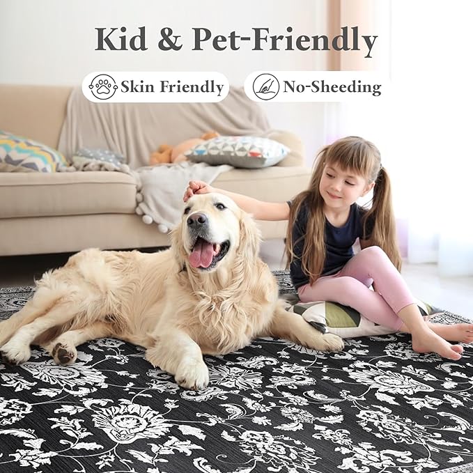 Area Rugs 8x10, Machine Washable Vintage Soft Rug for Living Room Large Rug Indoor Floor Non Slip Carpet for Bedroom Under Dining Table Home Office | Black White