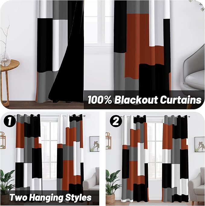 Burnt Orange 100% Blackout Curtains for Bedroom 96 inch Length 2 Panels Set Rust Modern Abstract Geometric Black Out Curtains Insulated Room Darkening Window Drapes for Living Room, 52Wx96L