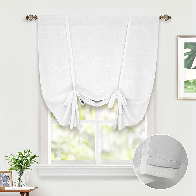 DriftAway Double Layer Linen Blackout Tie Up Curtains Thermal Insulated Fully Lined Balloon Roman Shade Bathroom Window Adjustable Rod Pocket for Small Window 31 Inch by 47 Inch White
