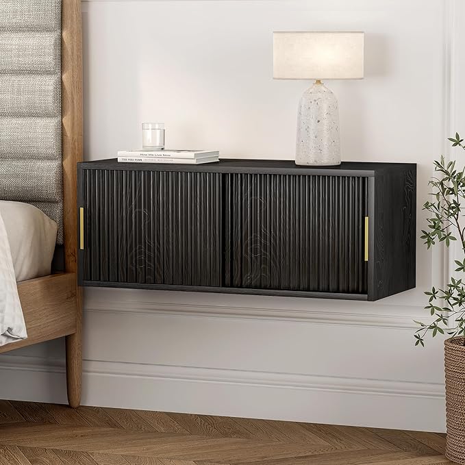 Floating Nightstand with Sliding Doors, Modern Large Night Stand Storage Shelf Wall Mounted Bedside Tables for Bedroom, Study Room Black