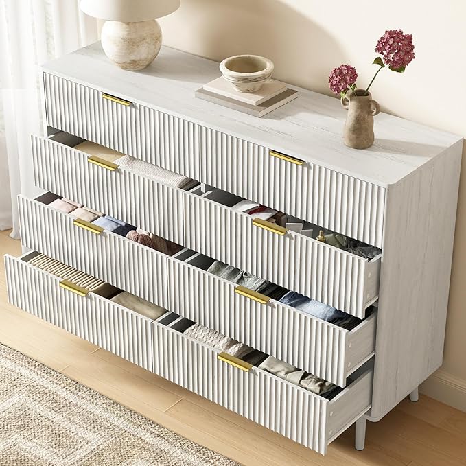 CARPETNAL Fluted 8 Drawer Dresser for Bedroom, 55" Wide Wooden Chest of Drawers with Rounded Corners, Gold Handles, Modern Storage Organizer for Bedroom, Hallway(White)