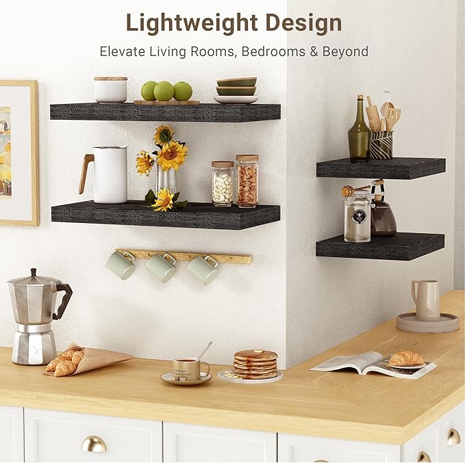 Vivelove 16 Inches Floating Shelves Wall Mounted, 10" Deep Wall Shelves for Bedroom, Bathroom, Living Room, Kitchen, Office, Home Decor, Modern Shelf, Set of 2, Black, 16x10.2x1.5