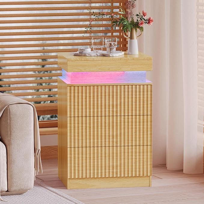 Wood Nightstand with 3 Drawers and LED Light, Mid Century Modern Fluted Night Stand with Charging Station, Bedside Table & End Table for Bedroom