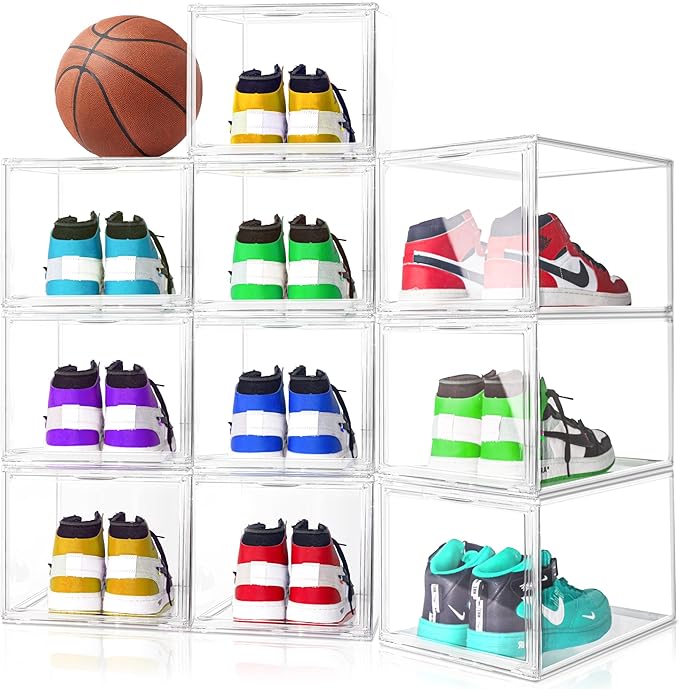 1 Pack Acrylic Drop Front Shoe Boxes Fit Size 13, Clear Stackable Shoe Organizer with Front Side Magnetic Door for Closet, Entryway, Underbed, Multiple Display Cases for Hats, Figures, Sneakers