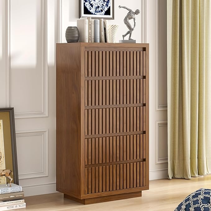 Fluted Tall 5 Drawer Dresser, Mid Century Dresser for Bedroom, 45 Inch Wood Chest of Drawers, Modern Closet Clothes Organizer, Walnut Wooden Storage for Living Room, Brown