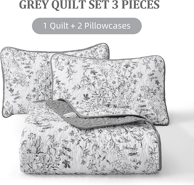 WONGS BEDDING Quilt Queen Size, Grey Quilt Bedding Set with 2 Pillowcases, Botanical Quilt for Queen Bed, Soft Microfiber Lightweight Coverlet Bedspread for All Season (96"×90", 3 Pieces)
