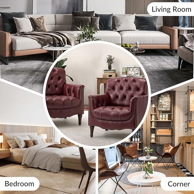 HULALA HOME Mid Century Modern Leather Club Chairs, Top-Grain Genuine Leather Armchairs with Button-Tufted Back & Solid Wood Legs, Accent Chairs for Living Room/Bedroom/Home Office, Burgundy