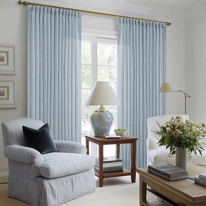 Dusty Blue 80 Inch Pinch Pleated Linen Curtains 2 Panels Set for Living Room Bedroom Boho Farmhouse Light Filtering Semi Sheer Back Tab Pinch Pleat with Hooks Rings Window Curtain 80 Inches Long