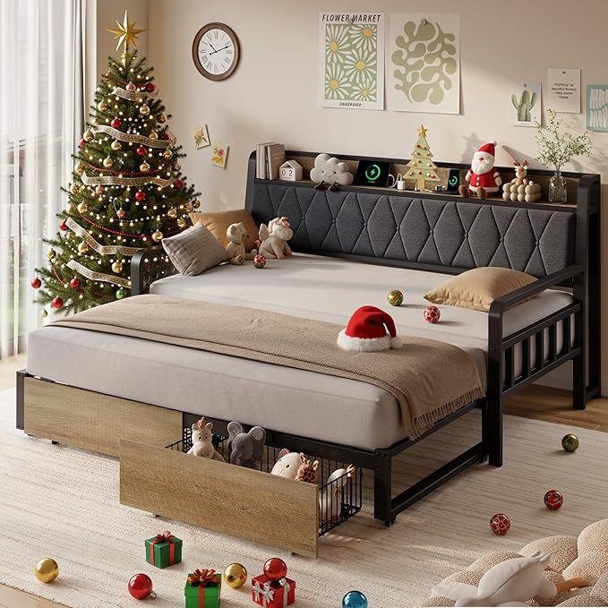 ONBRILL Twin Daybed with Trundle, Twin to King Daybed with Pop up Trundle, Metal Twin Day Bed Frame with Storage Drawers, Upholstered Headboard & Power Outlet for Living Room & Guest Room, Black