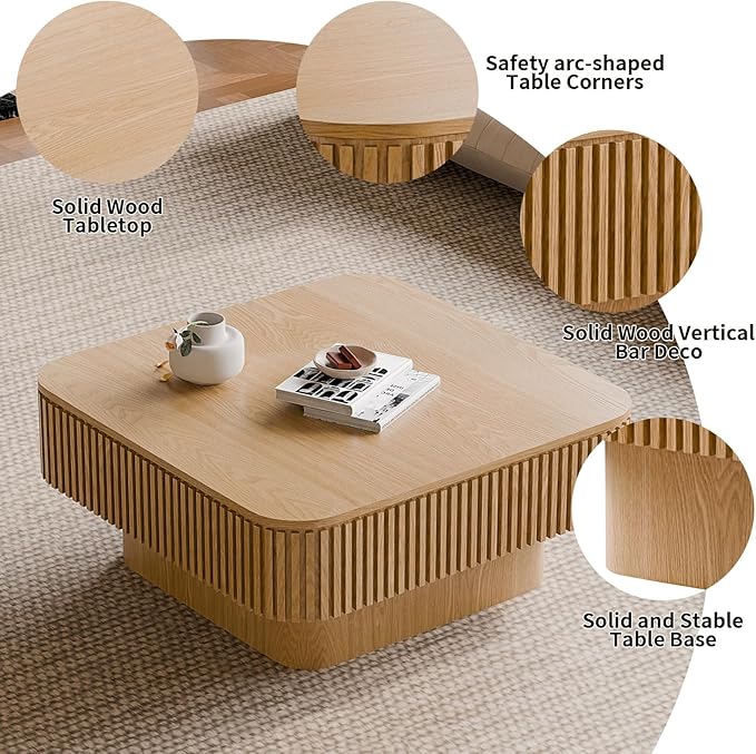 LKTART Coffee Table for Living Room, Accent Fluted Square Coffee Table with Hidden Storage, Modern Solid Wood Veneered Circle Center Tea Table for Small Space Apartment (31.5''D×14''H-Natural)