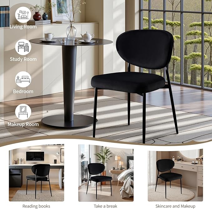 Black Dining Chairs Set of 2 Velvet Upholstered Dining Room Chairs Wide Seat Filled with 58D Memory Foam Modern Kitchen Chairs with Curved Back & Swivel Leveling Feet for Restaurant