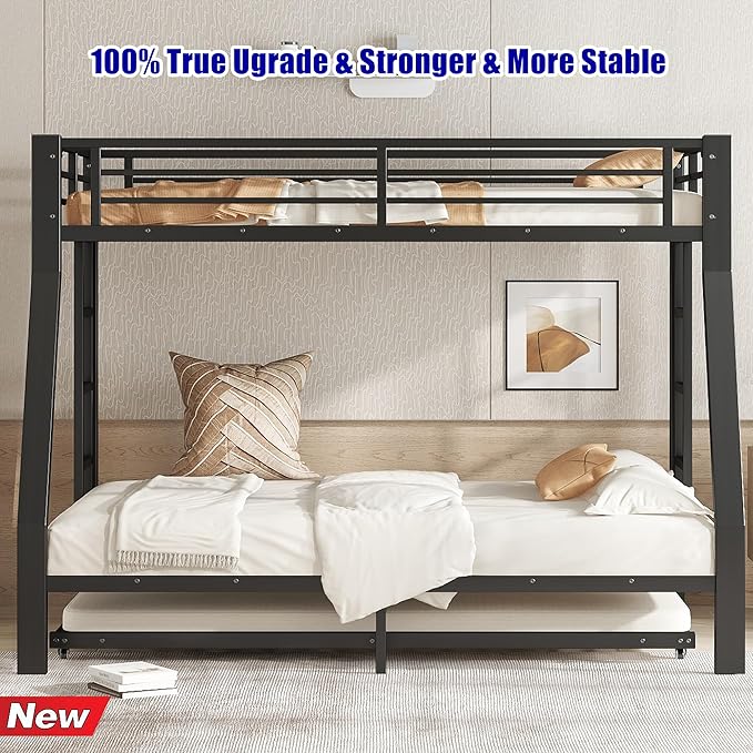 SIGONE Stronger & Safer Heavy Duty Twin Over Full Bunk Bed with Twin Trundle for Adults Teens, Thickened More Stable Metal Bunkbed Frame (Greater Weight Capacity)