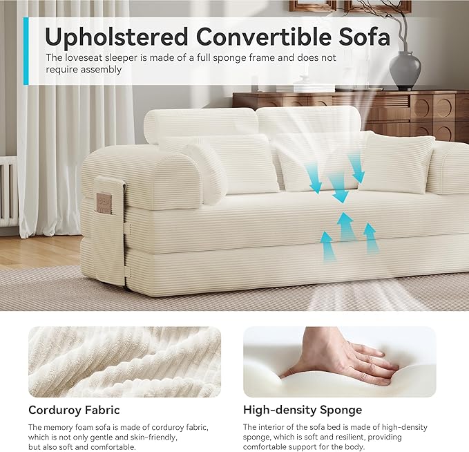 Upgrade High Backrest Design Sofa Bed with Fixed-Shape Frame & Removable Armrests and Backrest, 2 Corduroy Pillow, Convertible Mattress Couch for Small Spaces - No Assembly (High Backrest Beige)