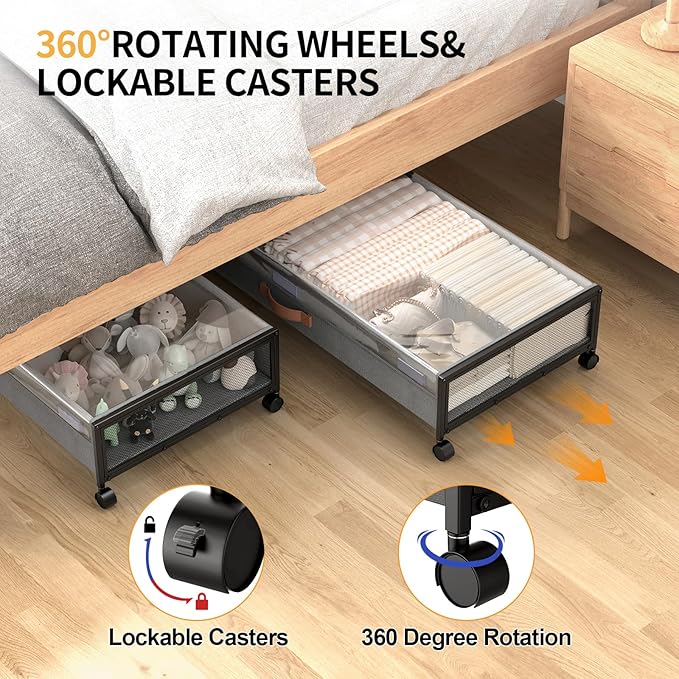 Under Bed Storage with Wheels, XXXL Larger Under Bed Storage Containers with Clear Lids, 36'' Lengthen Under Bed Shoe Organizer for Shoes Clothes(Grey 2 Pack, XXXL(36"x16.6"x7.48"))