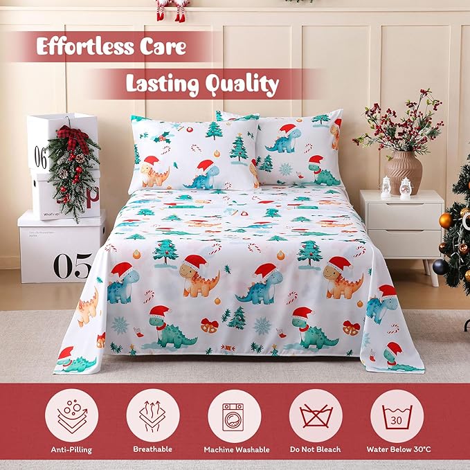 JSD Dinosaur Kids Christmas Sheet Set Full Size, 4 Piece Soft Printed Microfiber Bed Sheets Deep Pocket