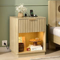 VINGLI Nightstand with Charging Station, LED Nightstand Fluted with Rounded Edge, 19" W Mid Century Modern Night Stand for Bedroom, Fluted Bed Side Table, Oak, 18.9" W*15" D*22.4" H