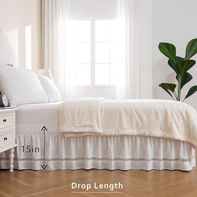 MIYE Wrap Around Ruffled Lace Bed Skirt, Elastic Dust Ruffle with Adjustable Belts,15 Inch Drop Easy to Put On, Bed Frame Cover, Machine Washable (Ruffled Lace, Full/Twin-15)