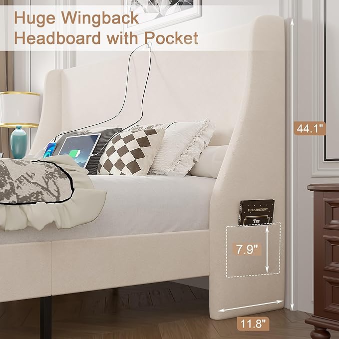 VECELO Queen Bed Frame with Upholstered Wingback Headboard, Heavy-Duty Platform Bedframe with Charging Station, Wooden Slats, No Box Spring Needed, Beige