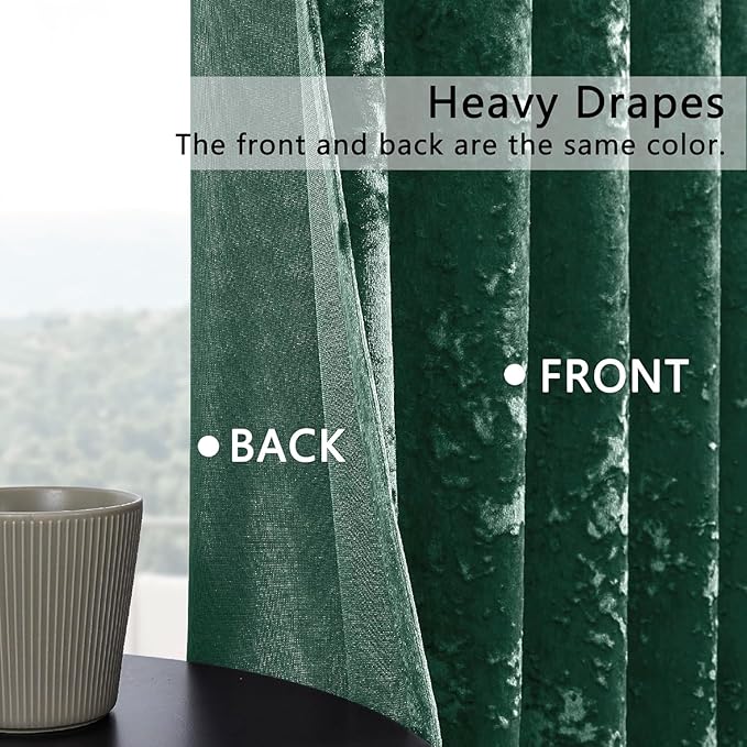 SMILETIME Forest Green Crushed Velvet Curtains 52x90 inch Luxurious Thermal Insulated Soundproof Drapes for Living Room Bedroom Office Soft and Durable Light-Filtering Window Treatments, 2 Panels