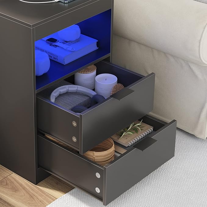 Tiptiper Black Nightstand Set of 2, LED Nightstand with Wireless Charging Station, Night Stand with Drawers & Pull-Out Shelf, Modern Bedside Table with Storage, End Table Side Table
