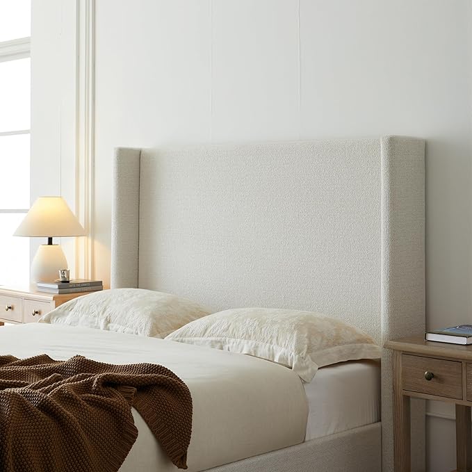 Queen Size Upholstered Bed Frame, 53" Tall Headboard Hosford Wingback Bed Frames, Wood Base Floor Platform Beds, No Box Spring Needed No Noise, Rusticity Minimalist, Cream White Boucle
