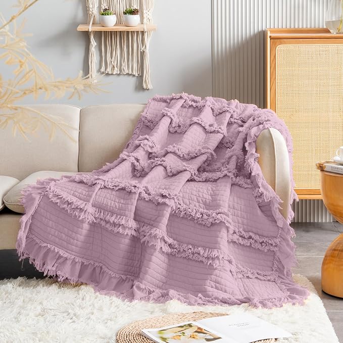 Ultra Soft Pre-Washed Warm Quilted Throw Blanket, Ruffle Fringed Purple Boho Decorative Throw, Stone Washed Chic Rustic Blanket for Sofa Couch Bed Chair, 50"x 60"