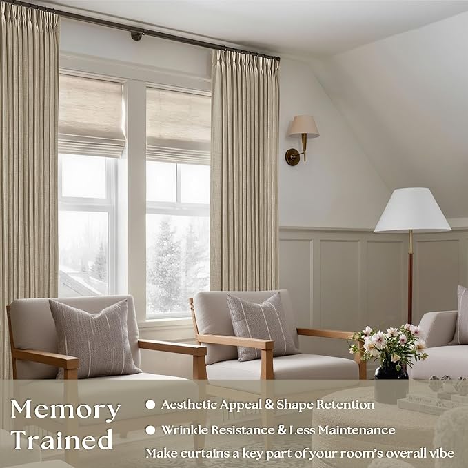 Textured Linen Burlap Curtains 84 Inches Long 2 Panels Neutral Country Tan Greige Flax Ceiling Floor Pinch Pleated Curtains Hooks Track Light Filtering Privacy Drape for Living Room Ofiice Grey Beige