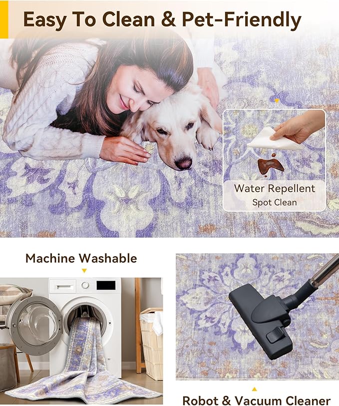 Area Rugs 3'x5' Washable Non-Slip, Floral Vintage Distress Print Pattern Medallion Carpet for Living Room Bedroom Dining Room, Light Purple Brown