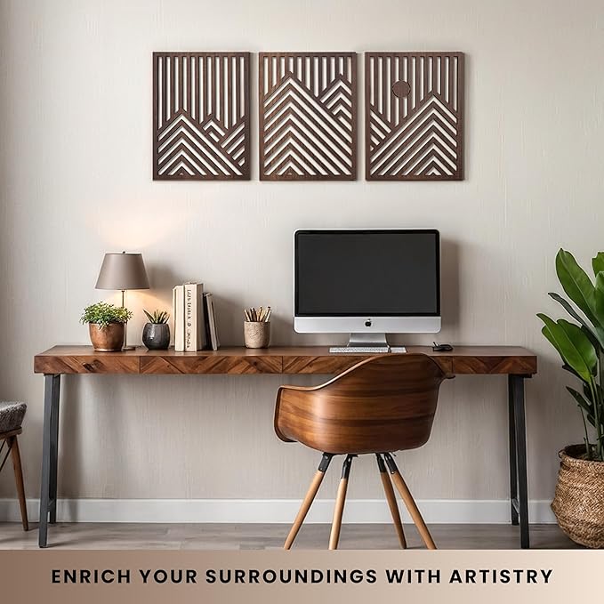 qmmp Modern Wooden Wall Sculptures - Set of 3 - Home Decor Accent - Large Wall Art for Living Room, Bedroom, Office - Easy Installation (Walnut, Medium - Mountain and Sun)