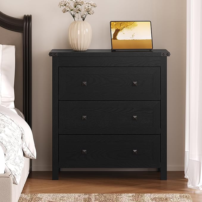 3-Drawer Dresser, Small Wooden Chest of Drawers with Metal Knobs, Water-Resistant Top, Storage Organizer with Anti-Tip Kit for Bedroom, Nursery, Living Room