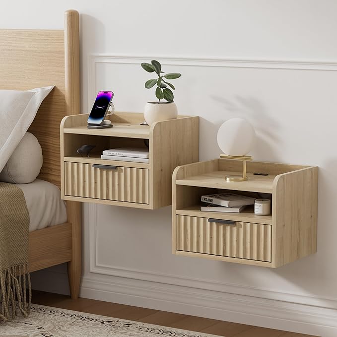 Fluted Floating Nightstand Set of 2, Wall Mounted Bedside Table with Storage Drawer and Open Shelf, Night Stand with Charging Station for Living Room, Bedroom, Dorm, Light Oak