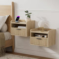 Fluted Floating Nightstand Set of 2, Wall Mounted Bedside Table with Storage Drawer and Open Shelf, Night Stand with Charging Station for Living Room, Bedroom, Dorm, Light Oak
