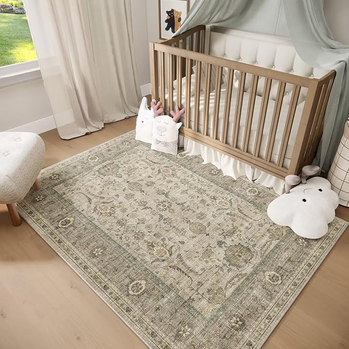 Washable 5x7 Area Rugs for Living Room, Boho Non-Slip Vintage Distress Rugs for Bedroom Dining Room Nursery Office, 0.3" Neutral Oriental Throw Thin Carpet with Cushioning Pad, Flaxen/Brown/Multi