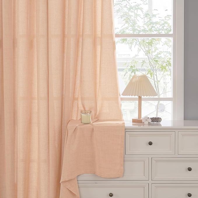 YoungsTex Linen Curtains 63 Inches Length for Living Room, Light Filtering Textured Short Window Drapes with Bronze Grommet Privacy for Bedroom Bathroom, Peach, 42 x 63 Inch, 2 Panels