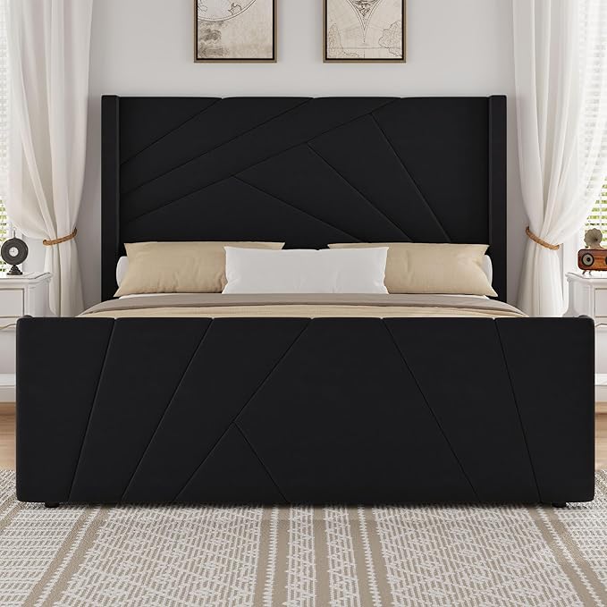 BarnFurin Full Size Upholstered BedFrame, Velvet Platform Bedwith Geometric TuftedHeadboard& Footboard, Wingback Design, attress Foundation with Wooden Slats, No Box Spring,Needed NoiseFree.Black