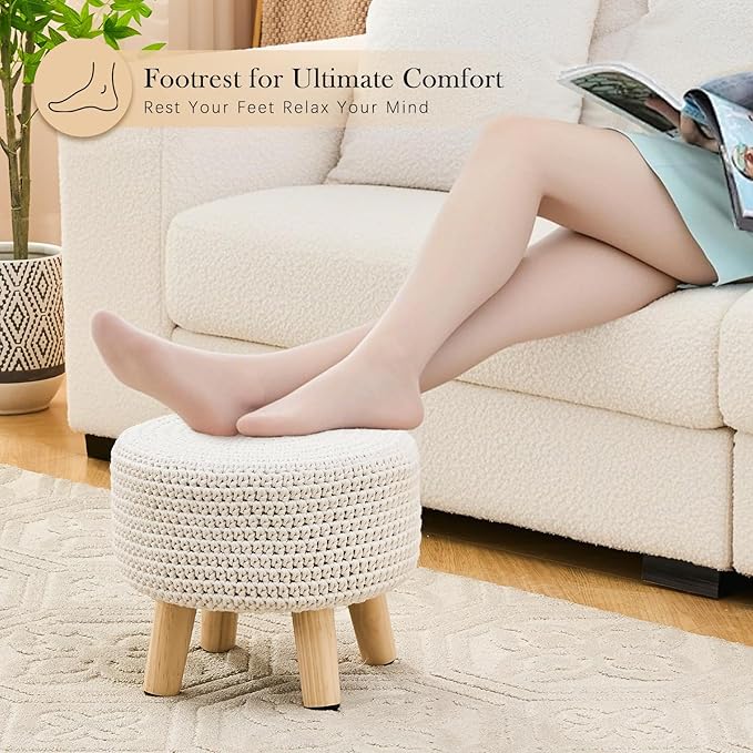 LGENHOOM Boho Ottoman Foot Stool Cotton Knitted Round Pouf Ottoman Foot Rest Stool with Non-Skid Wooden Legs Step Stool Padded Seat for Living Room White