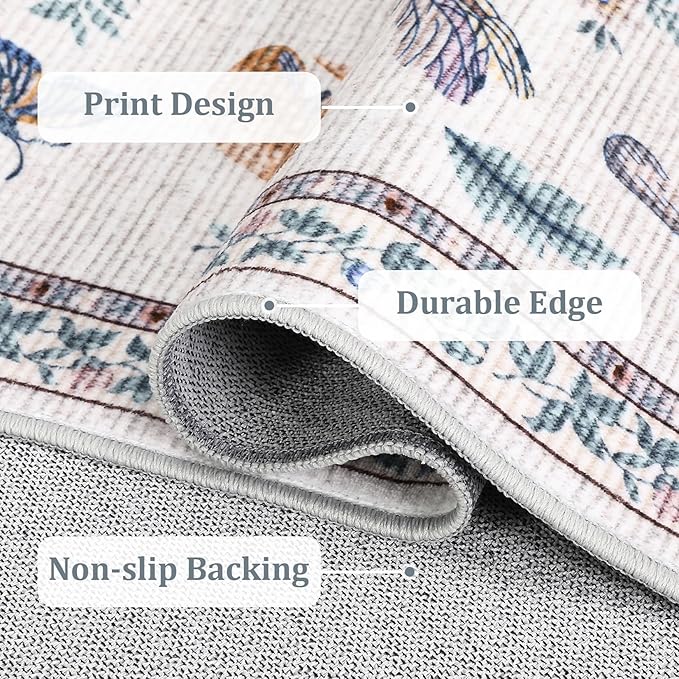 Washable Rug 5x7 Area Rugs for Living Room, Mushroom Insect Rug for Bedroom, 5x7 Rug Non Slip Throw Rugs with Rubber Back, Low Pile Stain Resistant Modern Carpet for Dining Room Dorm,Beige