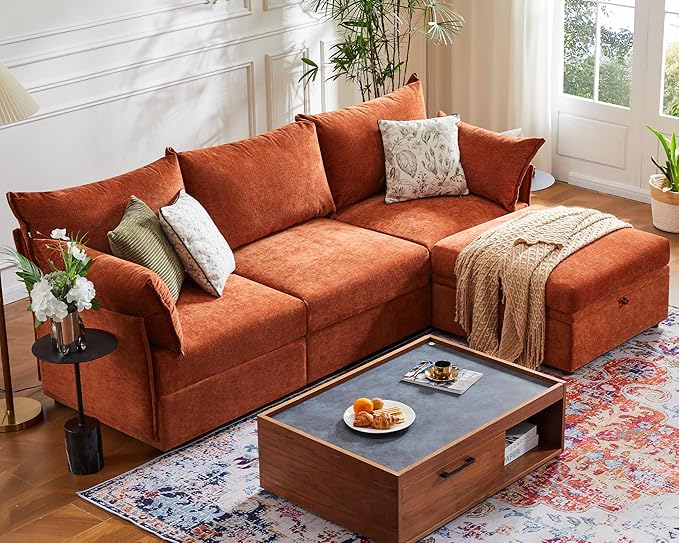 ABCASA 102.6" Modular Sectional Sofa, L Shaped Couch Set for Living Room, 3-Seater Comfy Cloud Couches with Movable Storage Ottoman,DIY Combination - Chenille Terracotta Orange