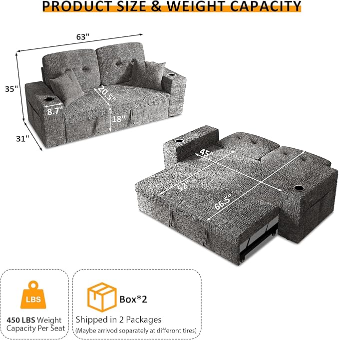 63 Inch Sleeper Sofa Bed, 4 in 1 Pull Out Couch Bed with Adjustable Backrest, Small Loveseat with Wide Armrest | USB Charging | Side Pockets | Cup Holders | Tool Free Assembly, Grey Chenille